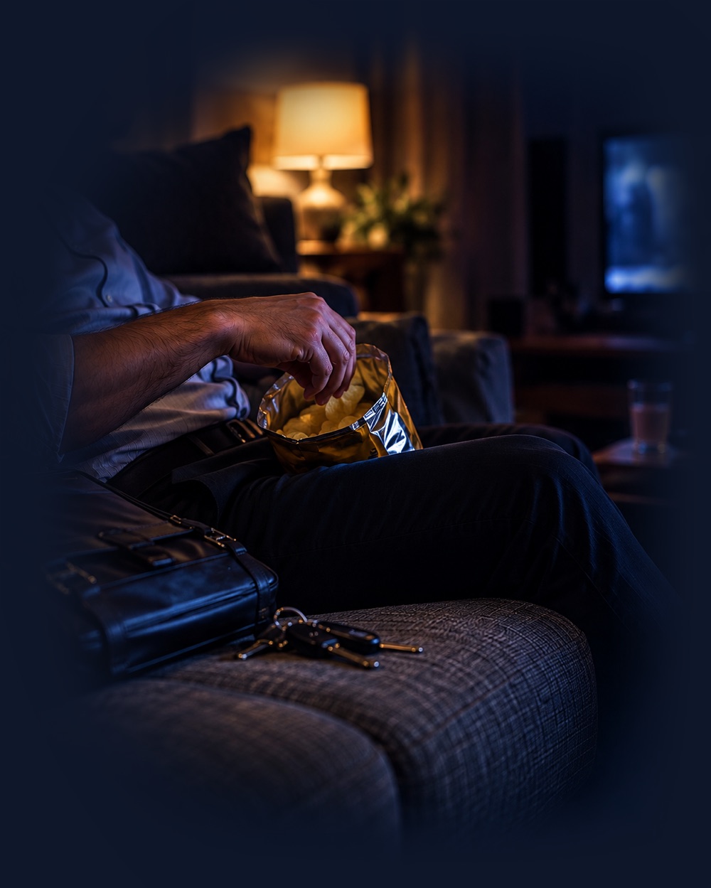 A person on the couch at night after work, reaching into a bag of chips, with a work bag and car keys beside them.